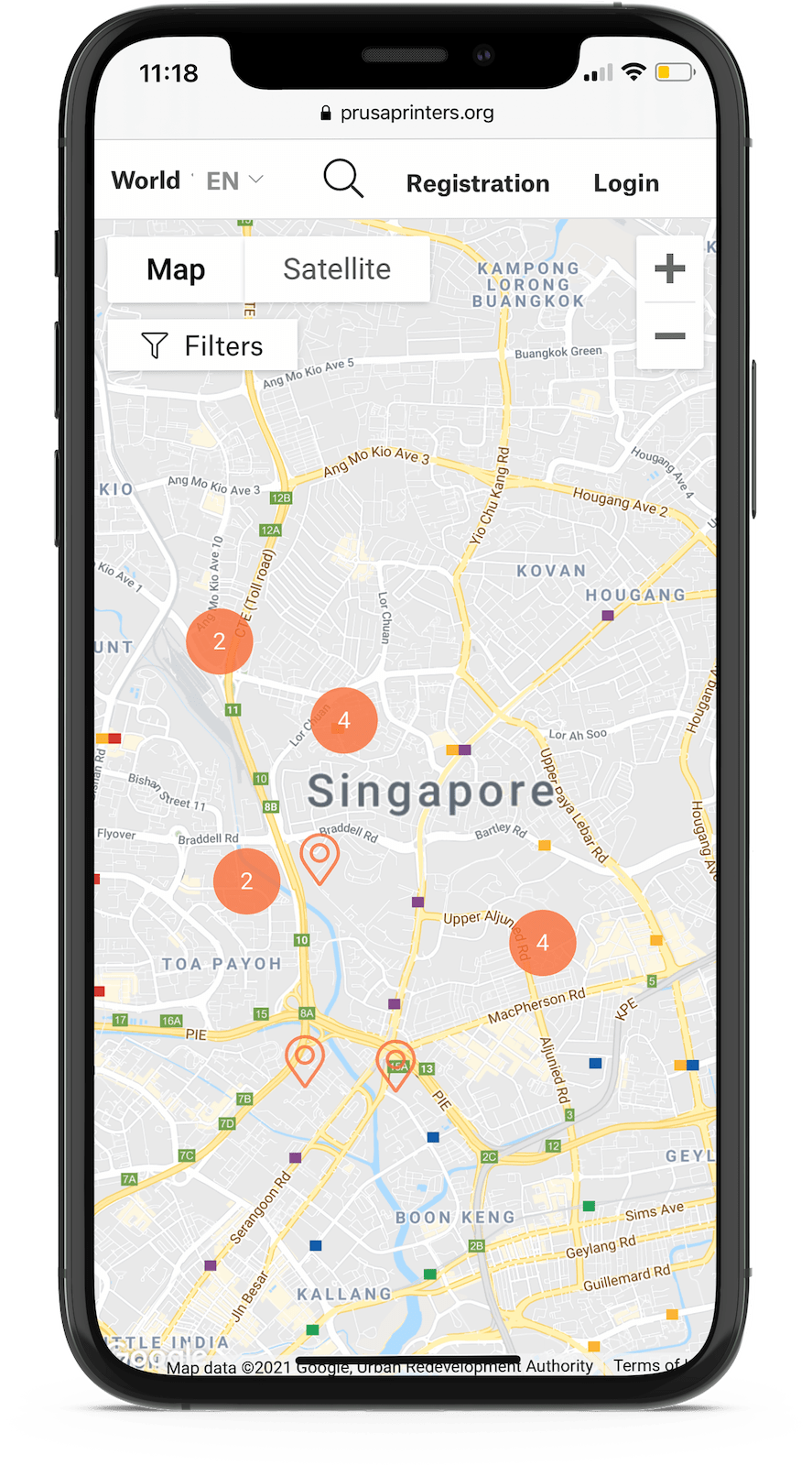 Mapa uživatelů portálu Prusaprinters.org v Singapuru.