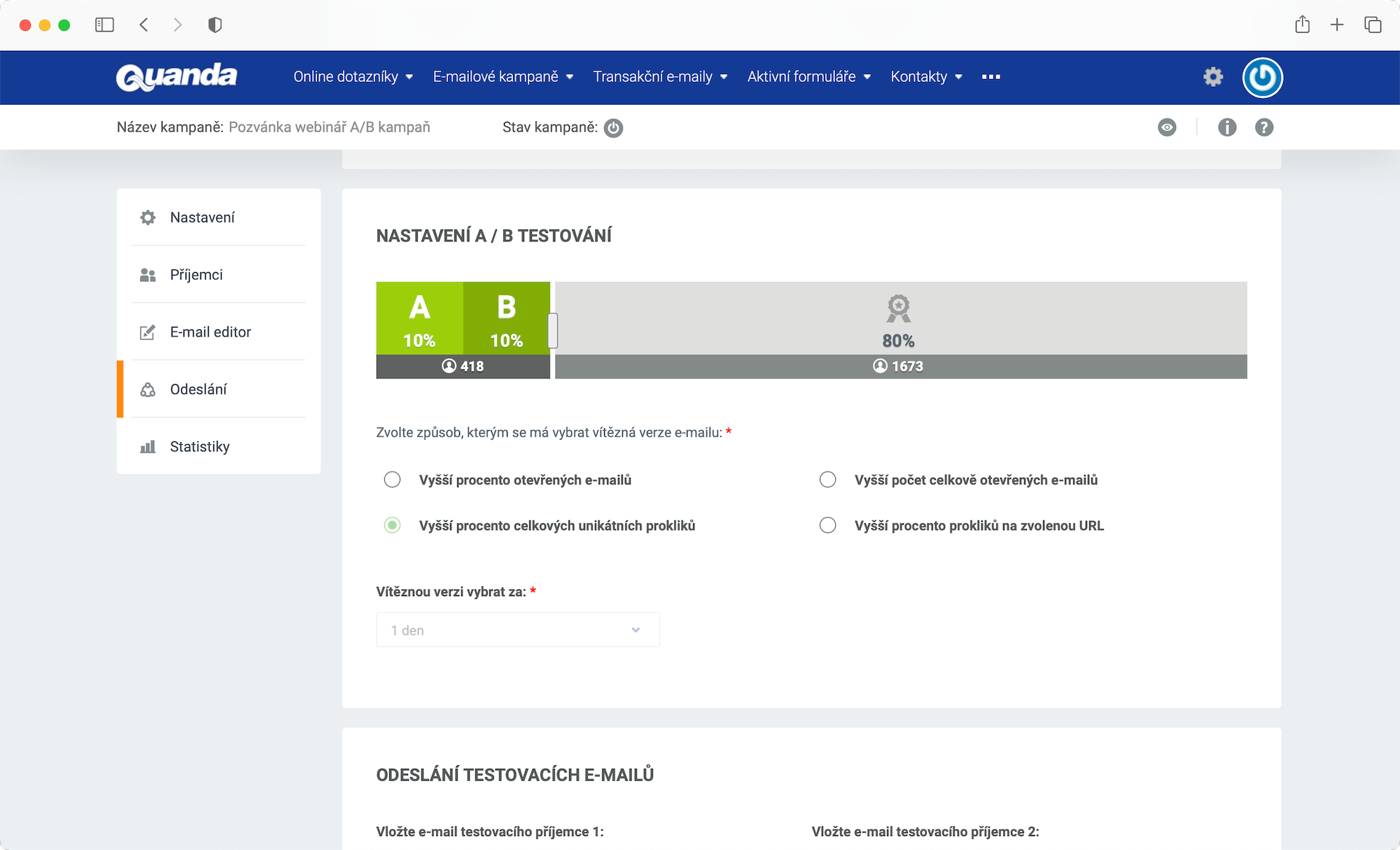 Quanda umožňuje A/B testování a chytré odesílání v rámci e-mailových seriálů a logických kampaní pro maximální optimalizaci obsahu.
