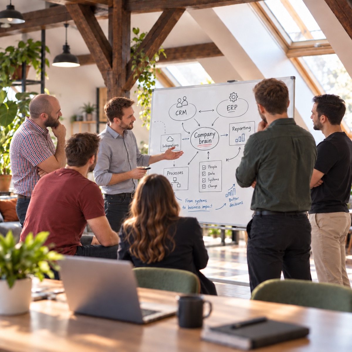 Workshop softwarové STK – tým u tabule s mapou systémů
